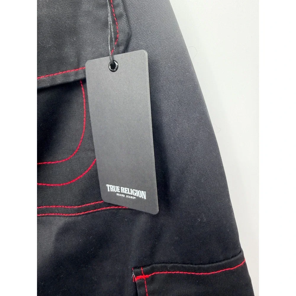 True Religion Cargo Pants Mens 34 Jet Black Red Stitching NWT 108335